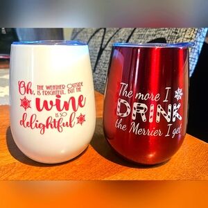 Set of 2 Christmas Wine Tumblers Insulated Hot or Cold Drinks Fun Party Women